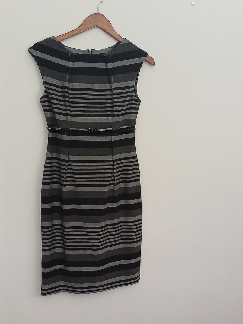 Calvin Klein Black and Gray Striped Midi Sheath Dress